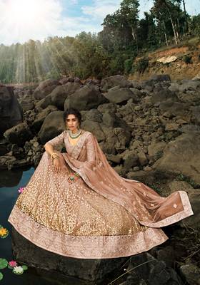 BROWN SEQUINS AND DORI EMBROIDERED SOFT NET FESTIVE & PARTY WEAR SEMI STITCHED LEHENGA 4