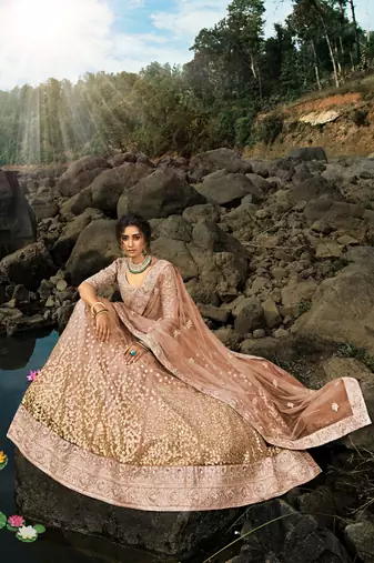 BROWN SEQUINS AND DORI EMBROIDERED SOFT NET FESTIVE & PARTY WEAR SEMI STITCHED LEHENGA