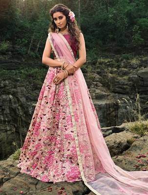 BABY PINK ZARI AND THREAD EMBROIDERED SOFT NET FESTIVE & PARTY WEAR SEMI STITCHED LEHENGA 1