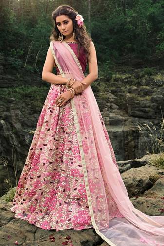 BABY PINK ZARI AND THREAD EMBROIDERED SOFT NET FESTIVE & PARTY WEAR SEMI STITCHED LEHENGA