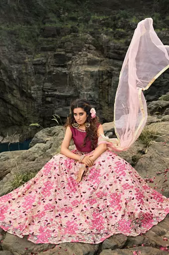 BABY PINK ZARI AND THREAD EMBROIDERED SOFT NET FESTIVE & PARTY WEAR SEMI STITCHED LEHENGA