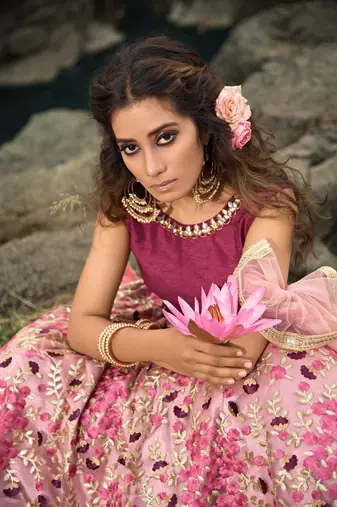 BABY PINK ZARI AND THREAD EMBROIDERED SOFT NET FESTIVE & PARTY WEAR SEMI STITCHED LEHENGA