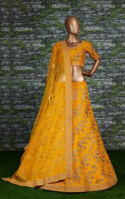 Yellow Slub Silk Dori Sequins & Zari Embroidery Work Wedding Festival Party Wear Lehenga Choli 1