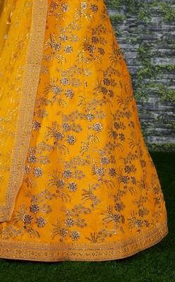 Yellow Slub Silk Dori Sequins & Zari Embroidery Work Wedding Festival Party Wear Lehenga Choli 2