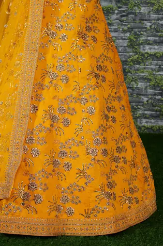 Yellow Slub Silk Dori Sequins & Zari Embroidery Work Wedding Festival Party Wear Designer Lehenga Choli