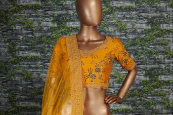 Yellow Slub Silk Dori Sequins & Zari Embroidery Work Wedding Festival Party Wear Lehenga Choli 3