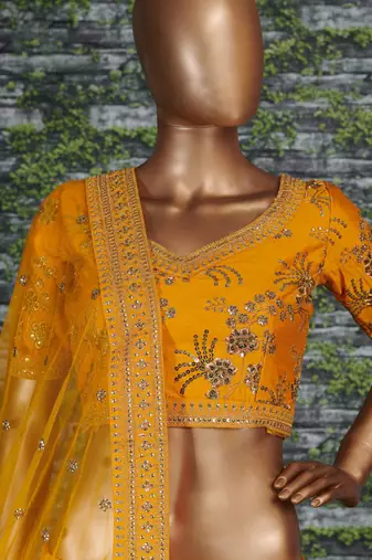 Yellow Slub Silk Dori Sequins & Zari Embroidery Work Wedding Festival Party Wear Designer Lehenga Choli