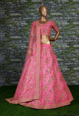 Pink Slub Silk Dori Sequins & Zari Embroidery Work Wedding Festival Party Wear Lehenga Choli 1