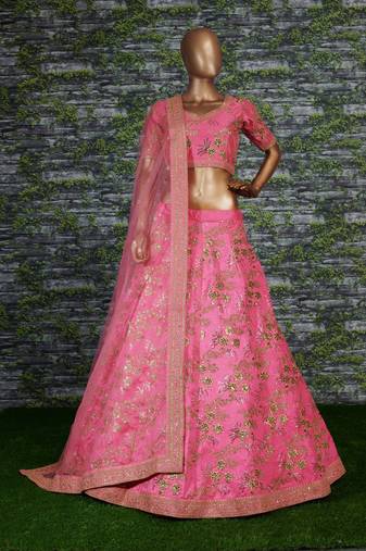 Pink Slub Silk Dori Sequins & Zari Embroidery Work Wedding Festival Party Wear Designer Lehenga Choli