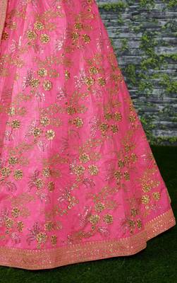 Pink Slub Silk Dori Sequins & Zari Embroidery Work Wedding Festival Party Wear Lehenga Choli 2