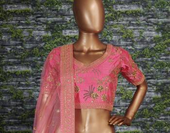 Pink Slub Silk Dori Sequins & Zari Embroidery Work Wedding Festival Party Wear Lehenga Choli 3