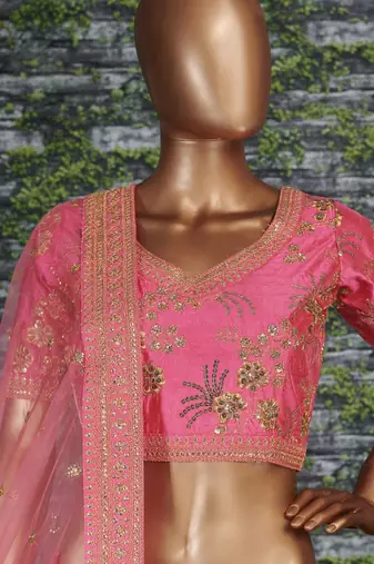 Pink Slub Silk Dori Sequins & Zari Embroidery Work Wedding Festival Party Wear Designer Lehenga Choli