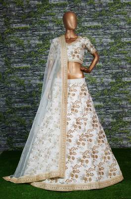 White Slub Silk Dori Sequins & Zari Embroidery Work Wedding Festival Party Wear Lehenga Choli 1