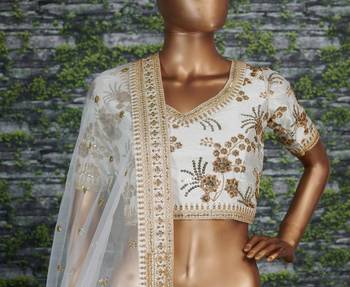 White Slub Silk Dori Sequins & Zari Embroidery Work Wedding Festival Party Wear Lehenga Choli 3