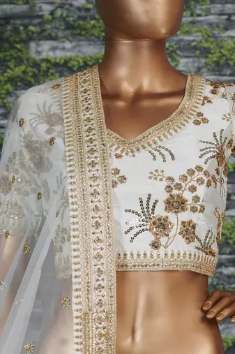 White Slub Silk Dori Sequins & Zari Embroidery Work Wedding Festival Party Wear Designer Lehenga Choli