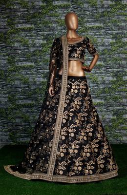 Black Slub Silk Dori Sequins & Zari Embroidery Work Wedding Festival Party Wear Lehenga Choli 1