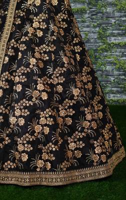 Black Slub Silk Dori Sequins & Zari Embroidery Work Wedding Festival Party Wear Lehenga Choli 2