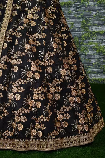 Black Slub Silk Dori Sequins & Zari Embroidery Work Wedding Festival Party Wear Designer Lehenga Choli