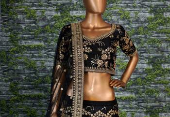 Black Slub Silk Dori Sequins & Zari Embroidery Work Wedding Festival Party Wear Lehenga Choli 3