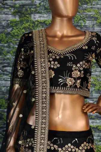 Black Slub Silk Dori Sequins & Zari Embroidery Work Wedding Festival Party Wear Designer Lehenga Choli