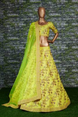 Neon Slub Silk Dori Sequins & Zari Embroidery Work Wedding Festival Party Wear Lehenga Choli 1