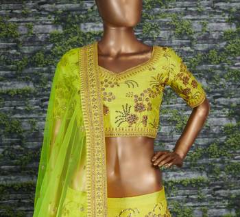 Neon Slub Silk Dori Sequins & Zari Embroidery Work Wedding Festival Party Wear Lehenga Choli 3