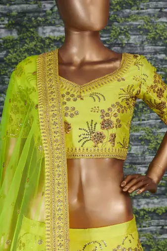 Neon Slub Silk Dori Sequins & Zari Embroidery Work Wedding Festival Party Wear Designer Lehenga Choli