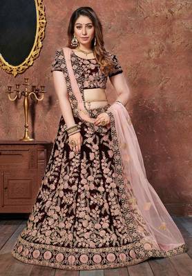 MESMERIZING MAROON THREAD, DORI, AND SEQUINS EMBROIDERED VELVET FABRIC LEHENGA CHOLI FOR BRIDAL 1