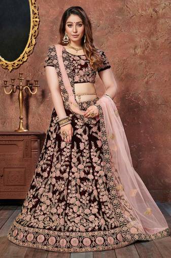 MESMERIZING MAROON THREAD, DORI, AND SEQUINS EMBROIDERED VELVET FABRIC LEHENGA CHOLI FOR BRIDAL