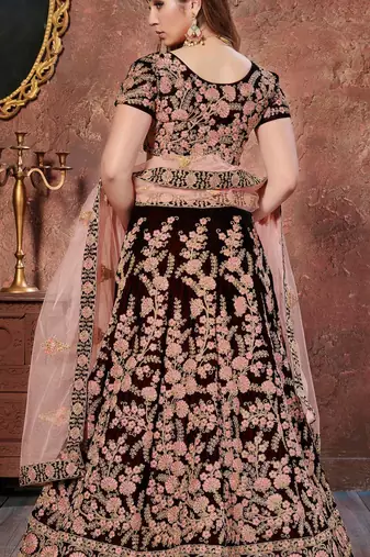 MESMERIZING MAROON THREAD, DORI, AND SEQUINS EMBROIDERED VELVET FABRIC LEHENGA CHOLI FOR BRIDAL