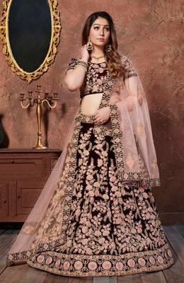 MESMERIZING MAROON THREAD, DORI, AND SEQUINS EMBROIDERED VELVET FABRIC LEHENGA CHOLI FOR BRIDAL 3