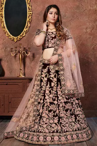 MESMERIZING MAROON THREAD, DORI, AND SEQUINS EMBROIDERED VELVET FABRIC LEHENGA CHOLI FOR BRIDAL