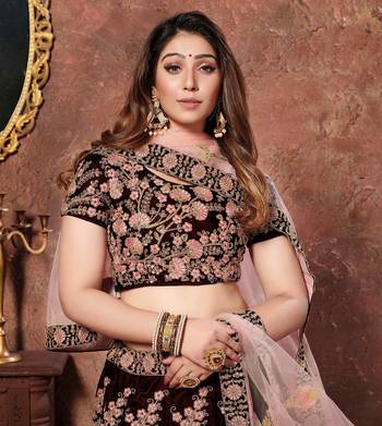 MESMERIZING MAROON THREAD, DORI, AND SEQUINS EMBROIDERED VELVET FABRIC LEHENGA CHOLI FOR BRIDAL 4