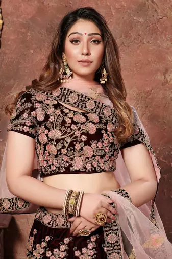 MESMERIZING MAROON THREAD, DORI, AND SEQUINS EMBROIDERED VELVET FABRIC LEHENGA CHOLI FOR BRIDAL