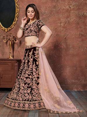MESMERIZING MAROON THREAD, DORI, AND SEQUINS EMBROIDERED VELVET FABRIC LEHENGA CHOLI FOR BRIDAL 5