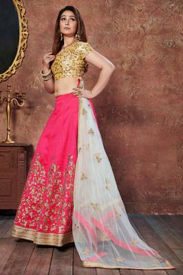ENGAGING PINK THREAD, DORI & SEQUINS EMBROIDERED SILK SEMI STITCHED PARTY WEAR LEHENGA 3