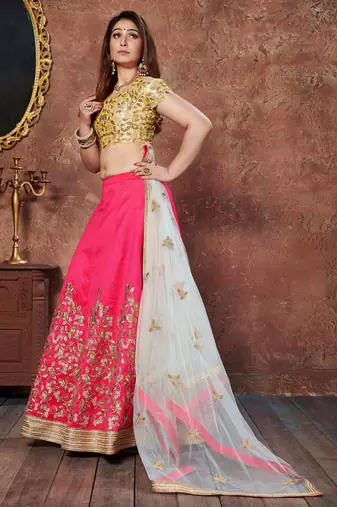 ENGAGING PINK THREAD, DORI & SEQUINS EMBROIDERED SILK SEMI STITCHED PARTY WEAR LEHENGA