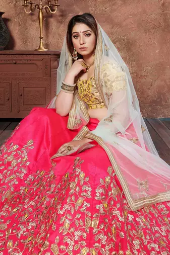 ENGAGING PINK THREAD, DORI & SEQUINS EMBROIDERED SILK SEMI STITCHED PARTY WEAR LEHENGA