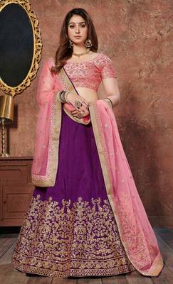 PLEASANT PURPLE SEQUINS EMBROIDERED SILK WEDDING & PARTY WEAR LEHENGA 1