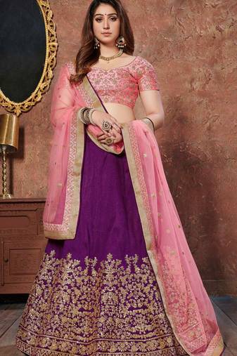 PLEASANT PURPLE SEQUINS EMBROIDERED SILK WEDDING & PARTY WEAR LEHENGA