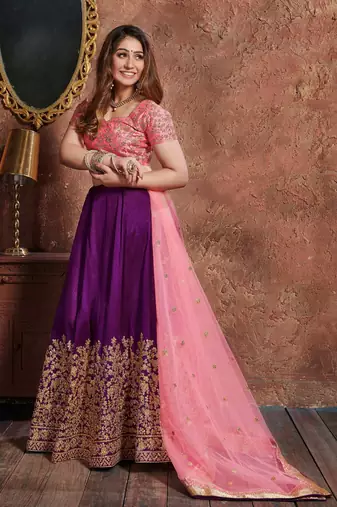 PLEASANT PURPLE SEQUINS EMBROIDERED SILK WEDDING & PARTY WEAR LEHENGA