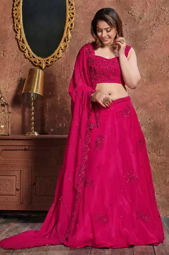 RANI PINK ZARI, SEQUINS, AND DORI EMBROIDERED GEORGETTE SEMI STITCHED LEHENGA