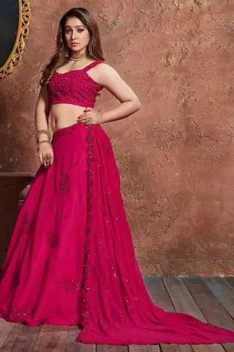 RANI PINK ZARI, SEQUINS, AND DORI EMBROIDERED GEORGETTE SEMI STITCHED LEHENGA