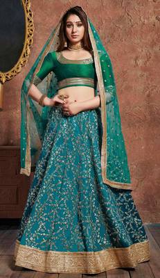 SOOTHING TURQUOISE EMBROIDERED ART SILK SEMI STITCHED WEDDING LEHENGA 1