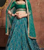 SOOTHING TURQUOISE EMBROIDERED ART SILK SEMI STITCHED WEDDING LEHENGA