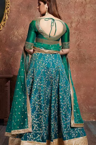 SOOTHING TURQUOISE EMBROIDERED ART SILK SEMI STITCHED WEDDING LEHENGA