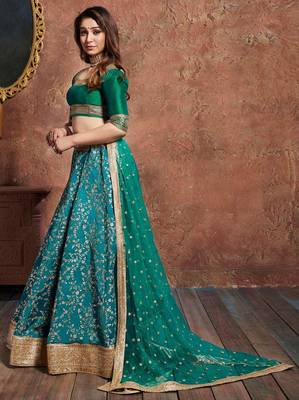 SOOTHING TURQUOISE EMBROIDERED ART SILK SEMI STITCHED WEDDING LEHENGA 3