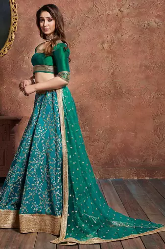 SOOTHING TURQUOISE EMBROIDERED ART SILK SEMI STITCHED WEDDING LEHENGA