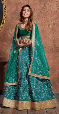 SOOTHING TURQUOISE EMBROIDERED ART SILK SEMI STITCHED WEDDING LEHENGA 4