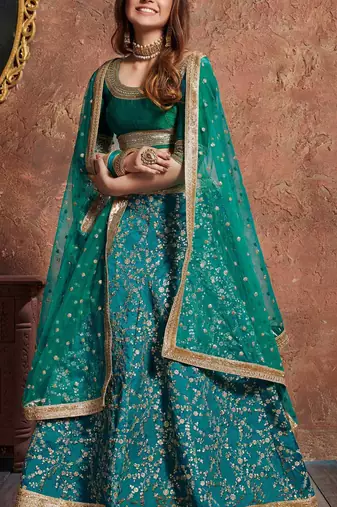SOOTHING TURQUOISE EMBROIDERED ART SILK SEMI STITCHED WEDDING LEHENGA